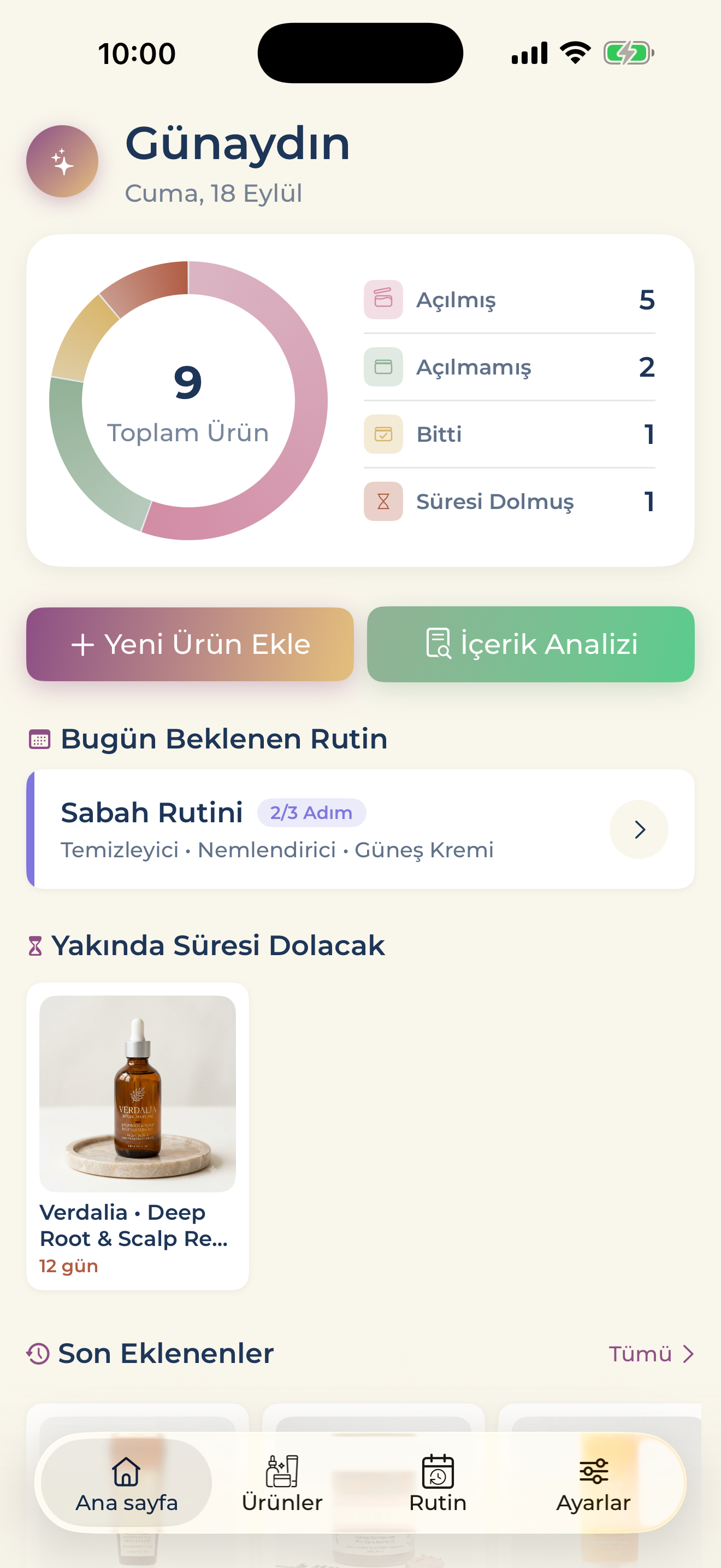 Kozu ana sayfa: 9 ürün, açılmış/açılmamış/bitti/süresi dolmuş dağılımı, bugünün rutini ve yakında süresi dolacak ürün kartı