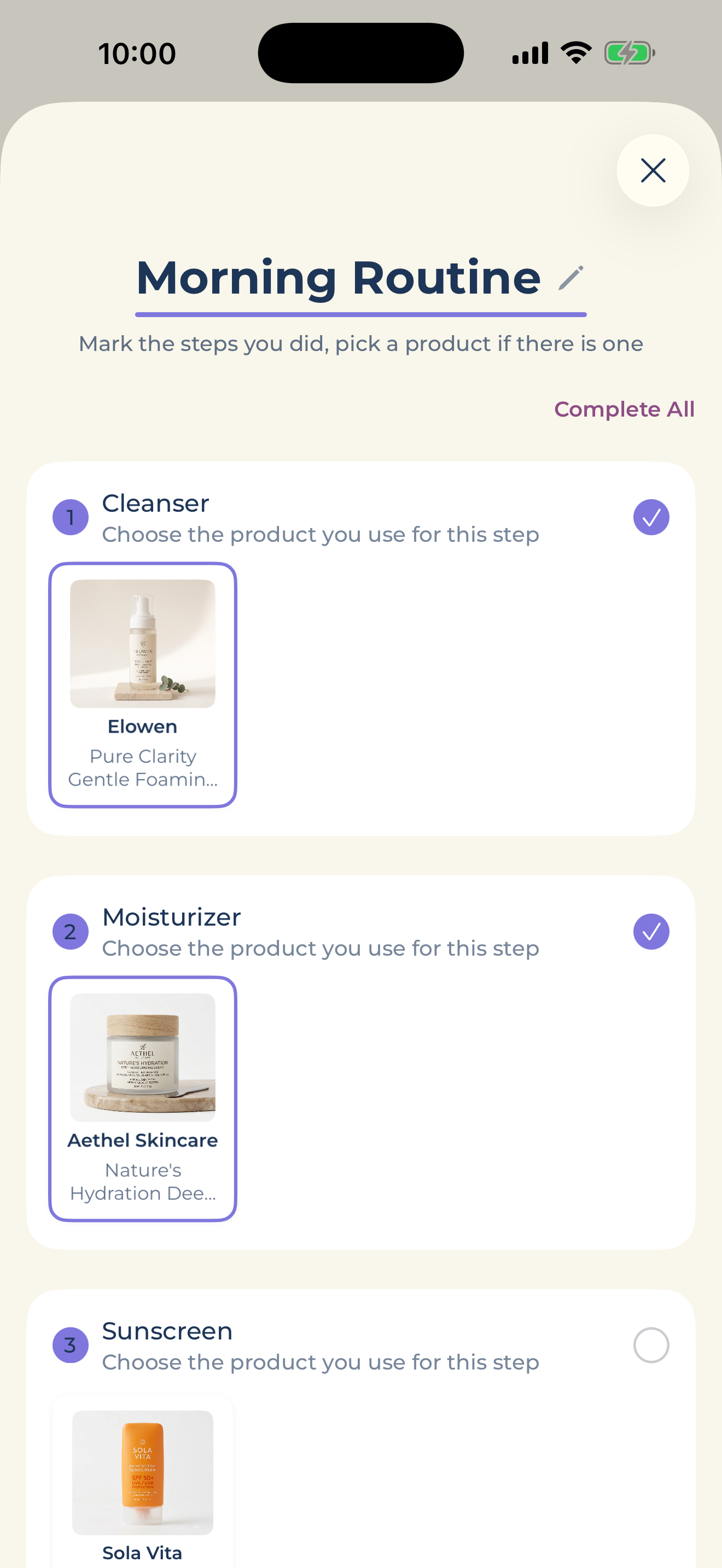 Kozu routine screen: the three steps of Morning Routine — cleanser, moisturiser and sunscreen; the first two are ticked off with the products used selected